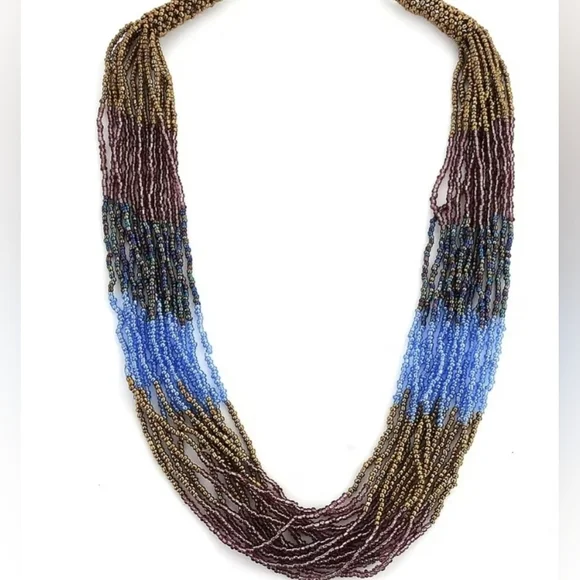Blue and Brown Seed Beaded Multi Strand Necklace 22 Inches, NIB - Picture 4 of 6